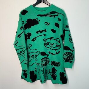 Cat Sweater Dress green Whimsical Pattern Fun Cute kitty sweater